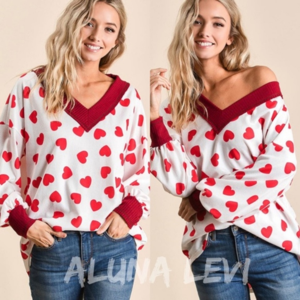 Cozy Heart Print Oversized Long Sleeve Top